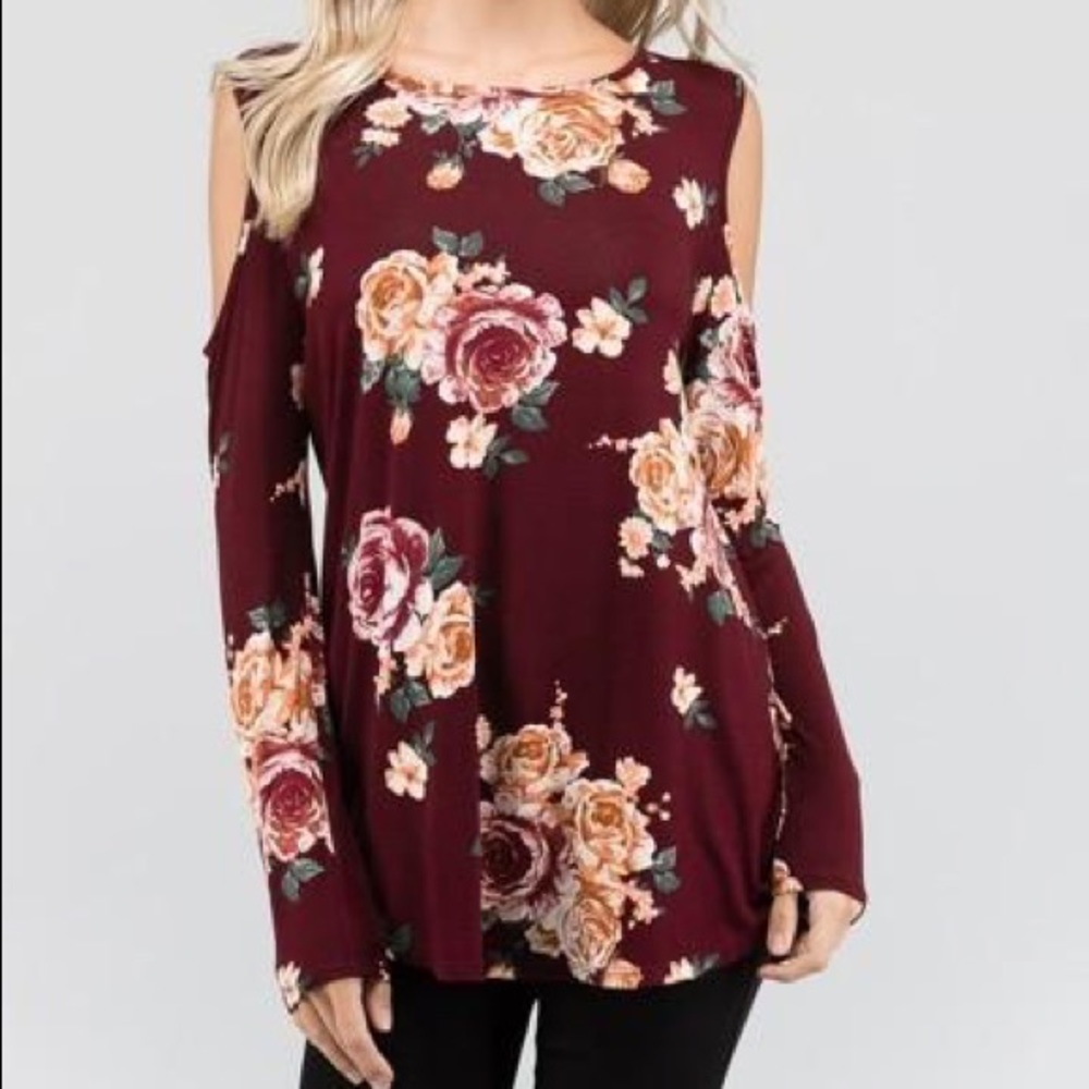 BURGUNDY FLORAL COLD SHOULDER TOP